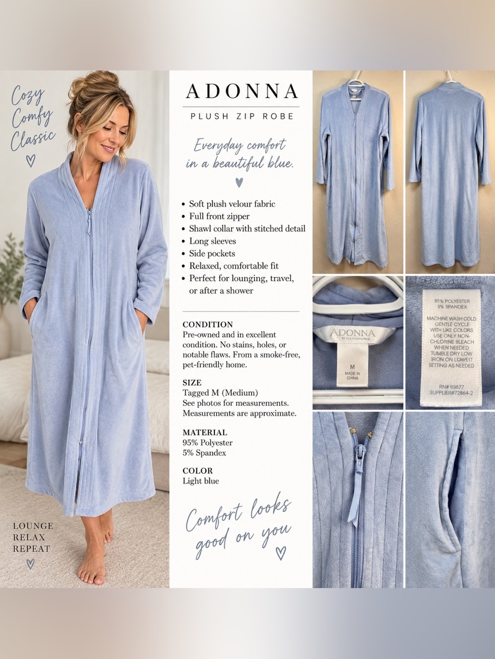 Adonna Plush Velour Zip Front Long Robe Light Blue Pockets